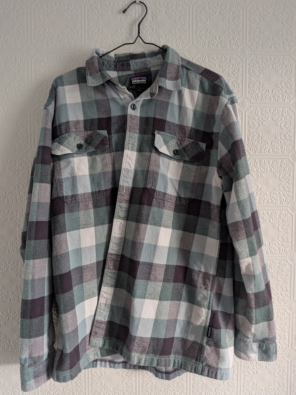 Patagonia Plaid Flannel Shirt Jacket in Green, White & Gray